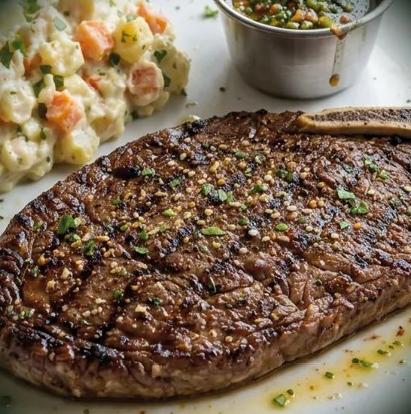 Corte argentino con ensaladilla rusa y chimichurri casero, foto real de un plato del restaurante